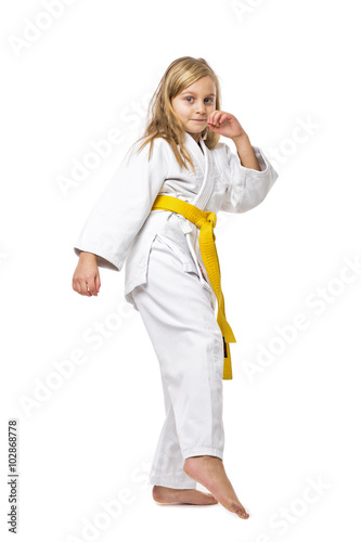 Portrait of little girl training ashihara martial art photo