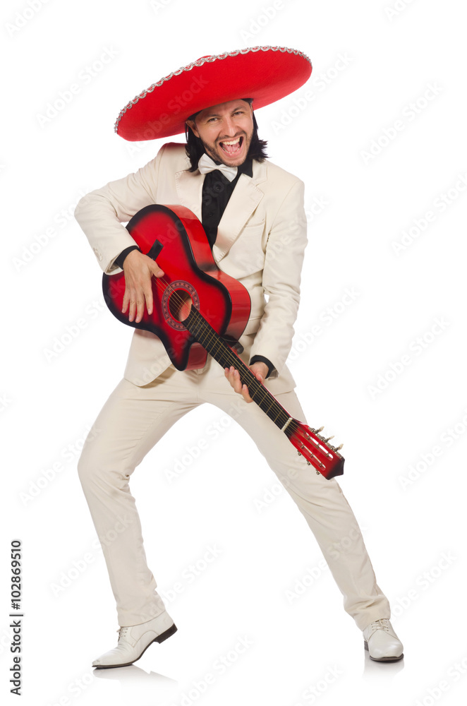 Funny mexican in suit holding guitar isolated on white Funny mexican in suit holding guitar isolated on white
