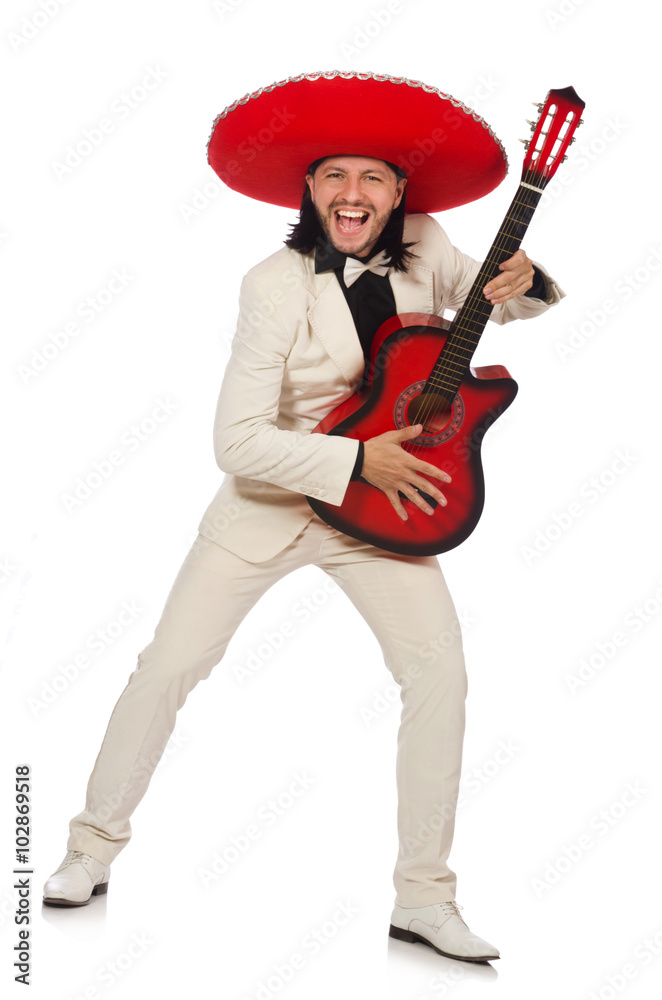 Funny mexican in suit holding guitar isolated on white Funny mexican in suit holding guitar isolated on white