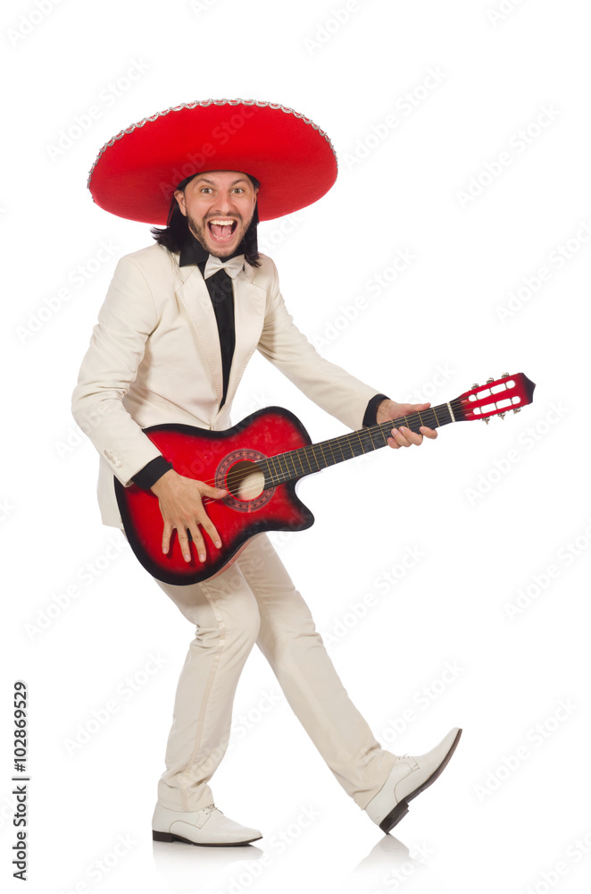 Funny mexican in suit holding guitar isolated on white Funny mexican in suit holding guitar isolated on white