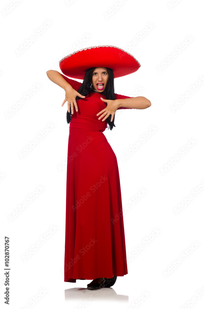 Woman wearing sombrero dancing on the white Woman wearing sombrero dancing on the white