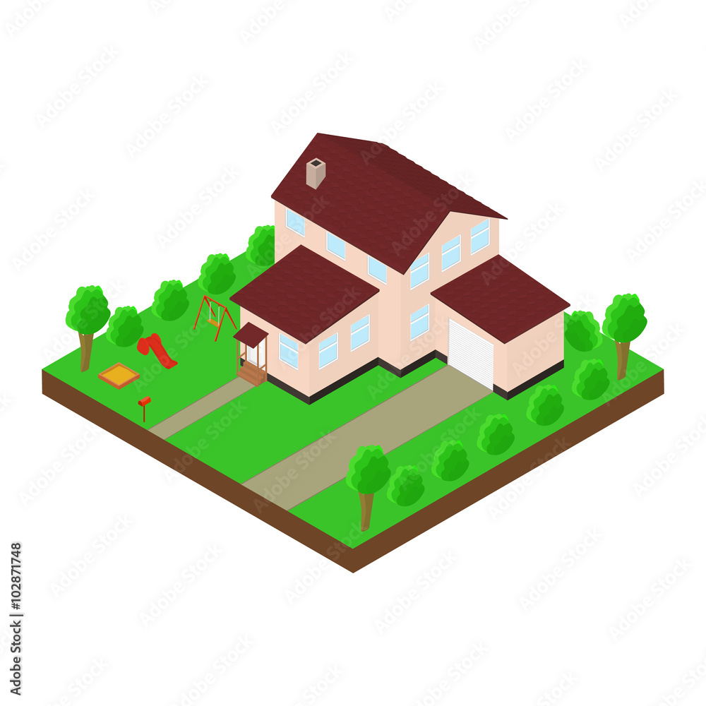 Isometric house 3D icon. Pictograms house with a mailbox, trees, bushes, children's Playground, swing, slide, sandpit, garage Isometric house 3D icon. Pictograms house with a mailbox, trees, bushes, children's Playground, swing, slide, sandpit, garage