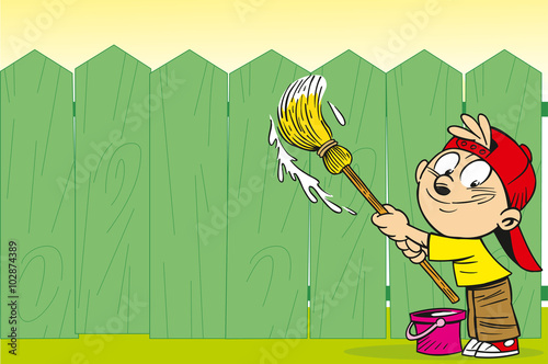 
The illustration shows a fun cartoon boy who paints a fence green paint.