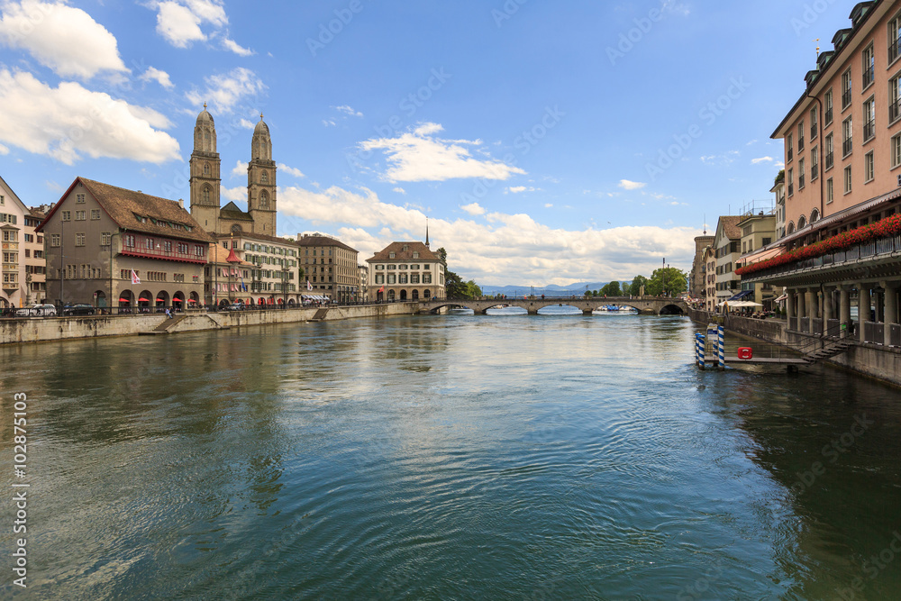 Naklejka premium Zurich cityscape with the Grossmünster Cathedral , Zurich ,Swit