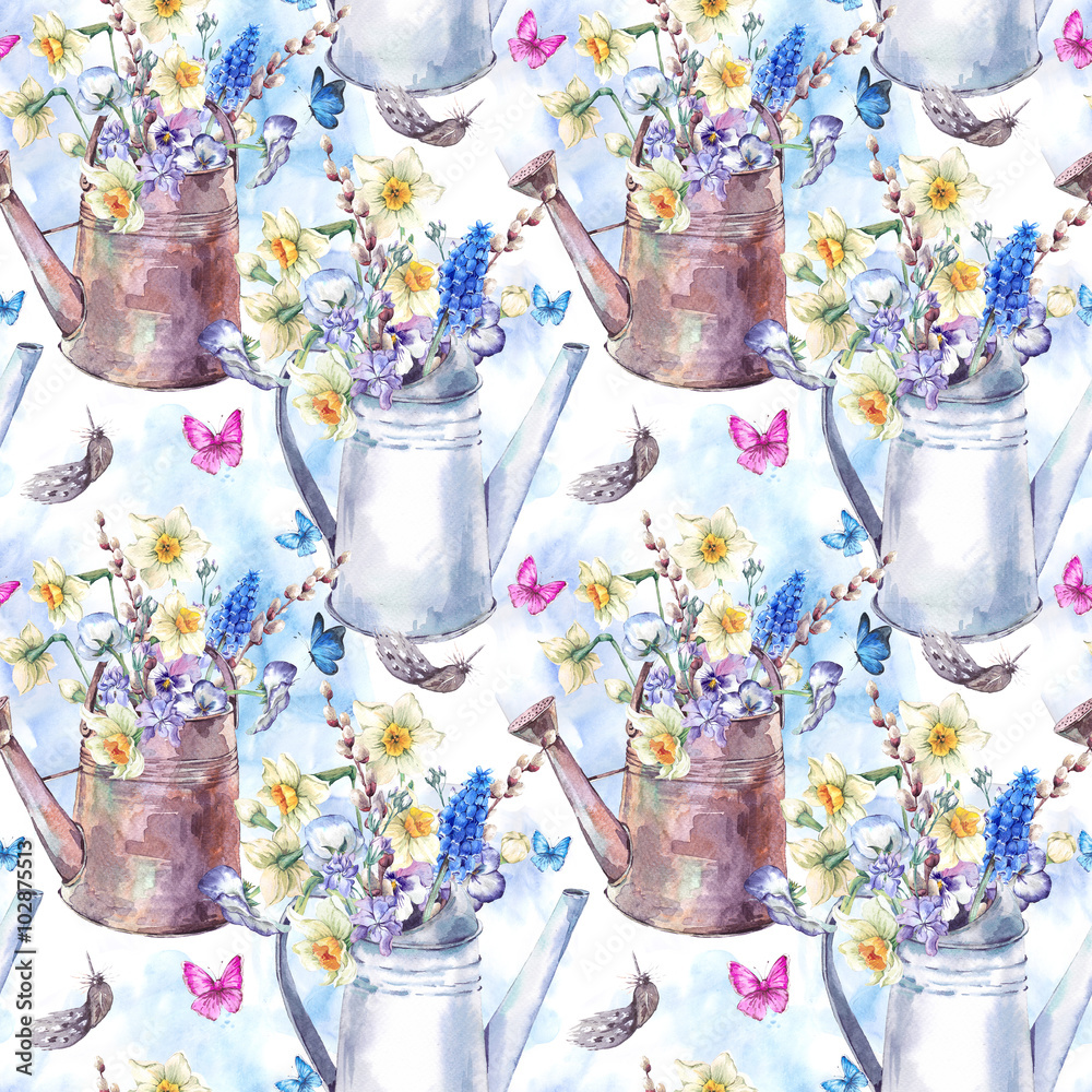 Seamless pattern with daffodils, violets, pussy-willow, pansies,