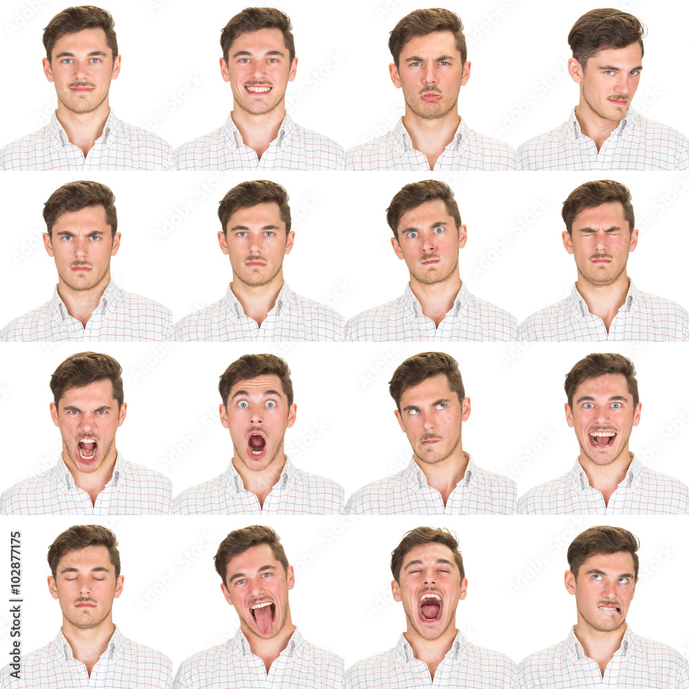 short and black hair mustache young caucasian man collection set of face expression like happy, sad, angry, surprise, yawn isolated on white short and black hair mustache young caucasian man collection set of face expression like happy, sad, angry, surprise, yawn isolated on white