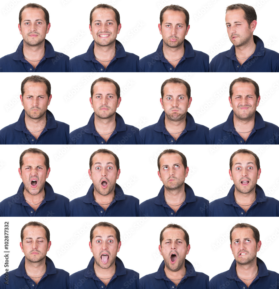 Fototapeta premium short hair brunette adult casual caucasian man collection set of face expression like happy, sad, angry, surprise, yawn isolated on white
