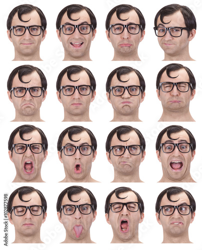 brunette glasses nerd adult caucasian man collection set of face expression like happy, sad, angry, surprise, yawn isolated on white