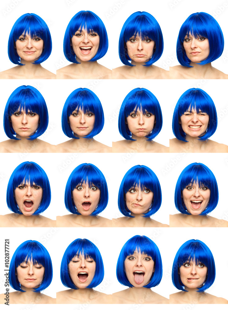blue wig young caucasian woman collection set of face expression like happy, sad, angry, surprise, yawn isolated on white