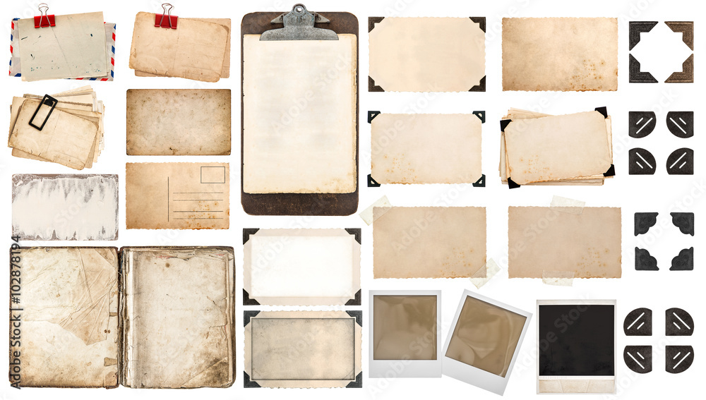 Paper sheets, book, old photo frames corners, clipboard - obrazy, fototapety, plakaty 
