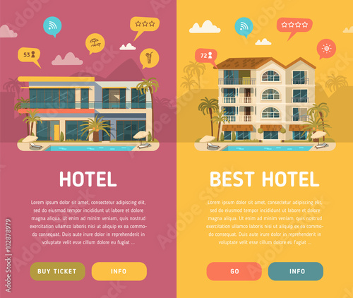Two vertical banners with  hotel building 