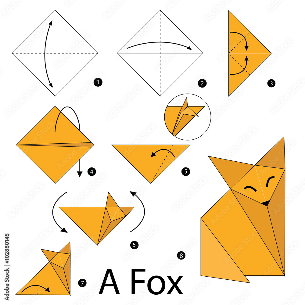 Схемы складывания из бумаги для детей step by step instructions how to make origami A Fox. Stock Vector Adobe Stock