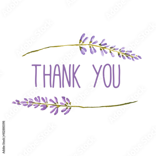 Thank you greeting card with flowers of lavender. Vector watercolor 