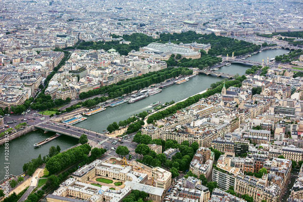 Aerial view toward Seine river from the Eiffel Tower, Paris
