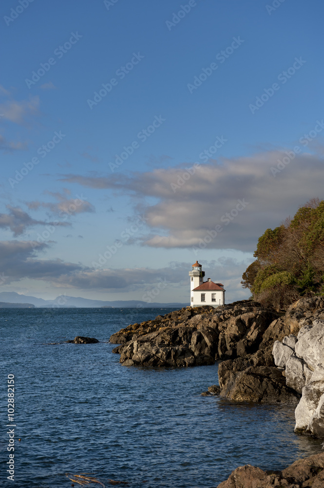 Line Kiln Lighthouse. Located on San Juan Island, in Washington state, It guides ships through the Haro Straits and is part of Lime Kiln Point State Park. It overlooks Dead Mans Bay.