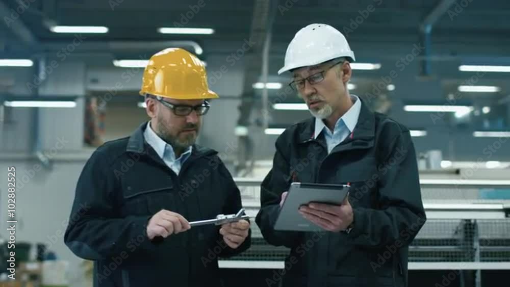 Two engineers in hardhats discuss information on a tablet computer while standing in a factory. Shot on RED Cinema Camera.