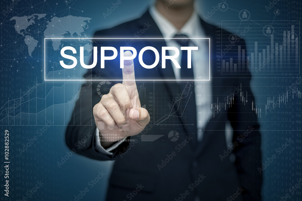 Businessman hand touching SUPPORT button on virtual screen Businessman hand touching SUPPORT button on virtual screen