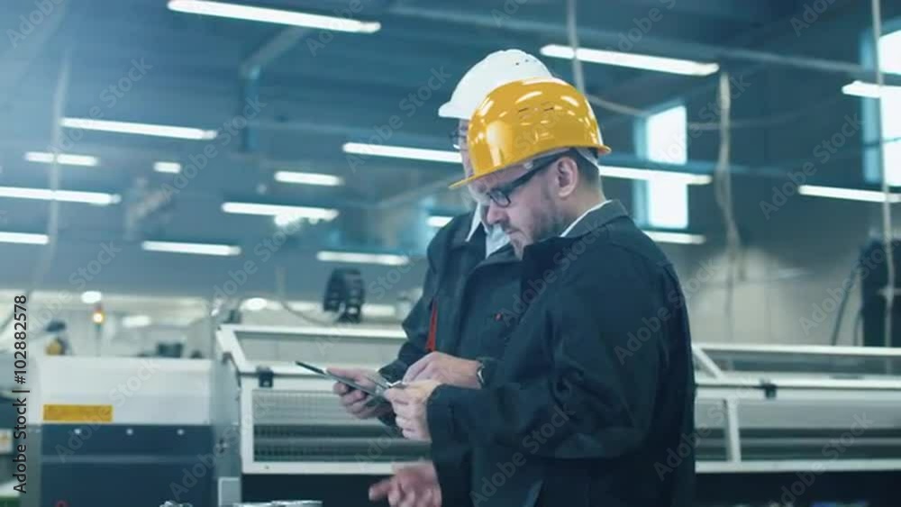 Two engineers discuss a blueprint while checking information on a tablet computer in a factory. Shot on RED Cinema Camera. Two engineers discuss a blueprint while checking information on a tablet computer in a factory. Shot on RED Cinema Camera.