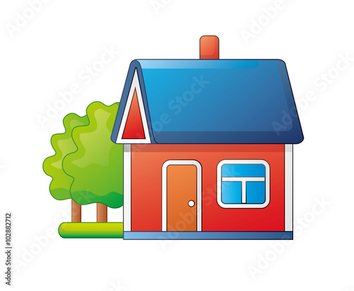 Red house with trees. Home icon.