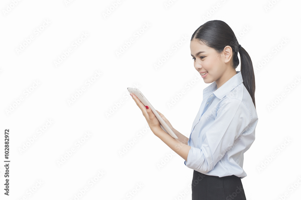 business woman lean something and use digital tablet pc isolated business woman lean something and use digital tablet pc isolated