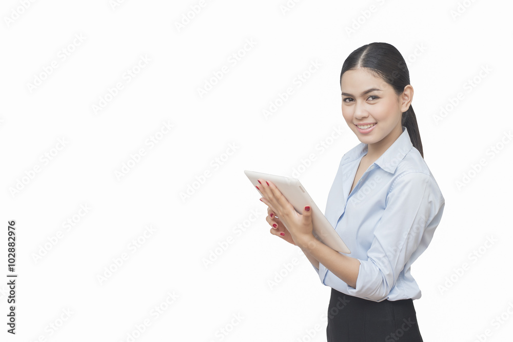 business woman lean something and use digital tablet pc isolated business woman lean something and use digital tablet pc isolated