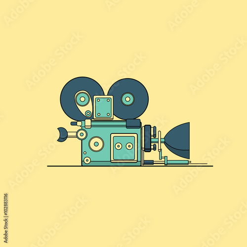 Retro vintage cinema film camera vector lineart illustration.