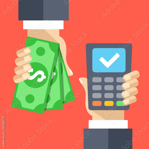 Cash and POS terminal. Purchase, cash out, cashback concepts