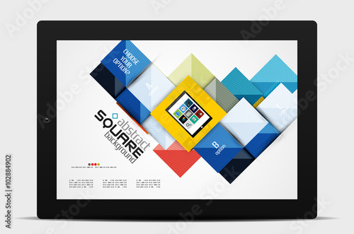 Geometric square shapes and infographic option elements with tablet