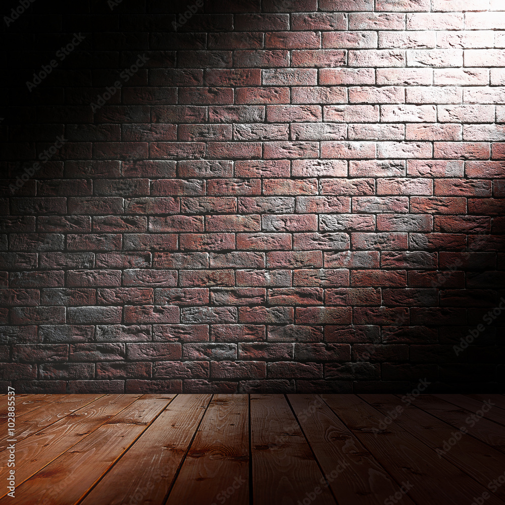 Room interior with brick wall and wooden floor Room interior with brick wall and wooden floor