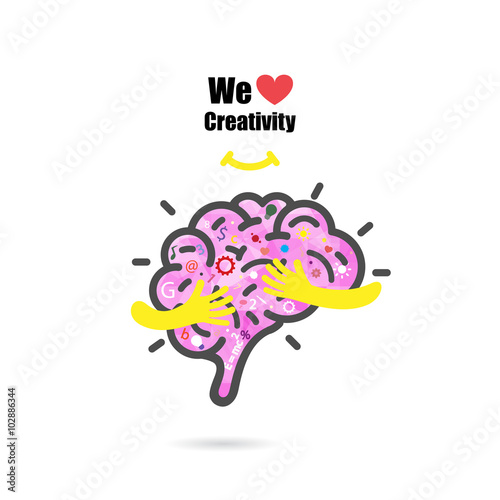 Creative brain logo design vector template with small hand.Educa