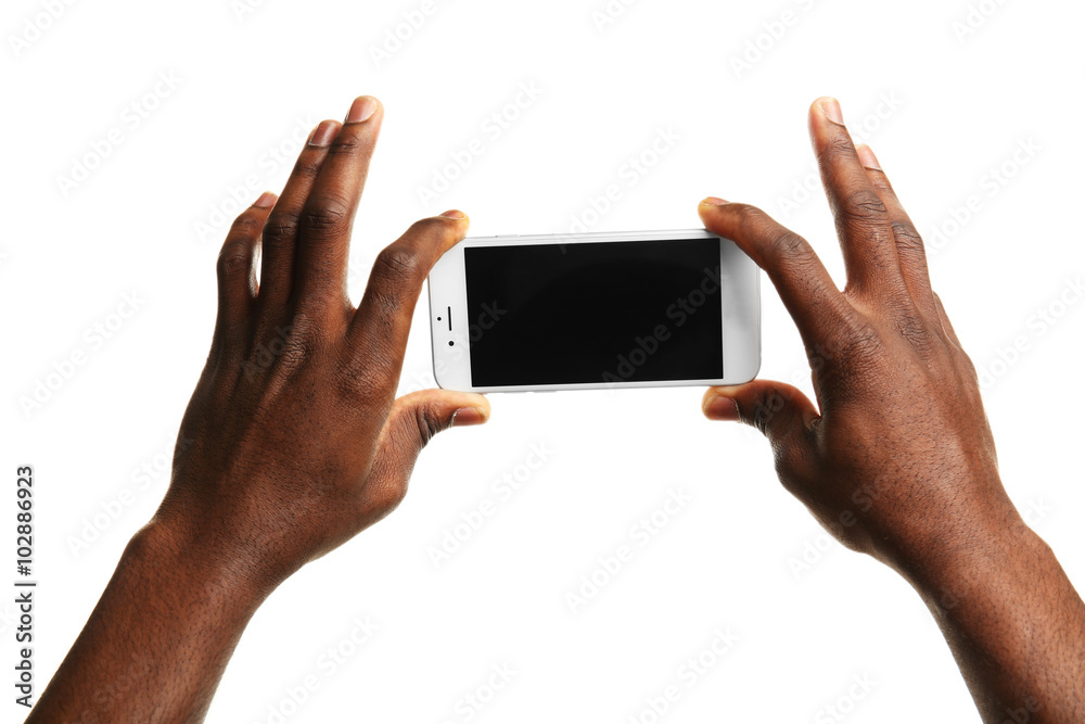 Hand holding mobile smart phone with blank screen, isolated on white