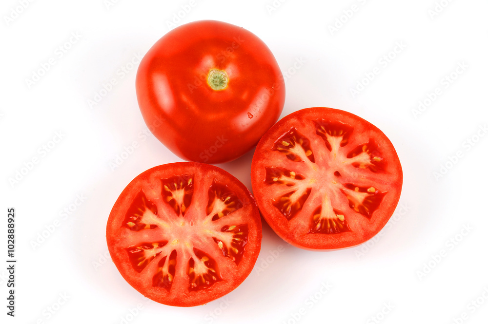 fresh whole tomato and half cut tomato on white background fresh whole tomato and half cut tomato on white background