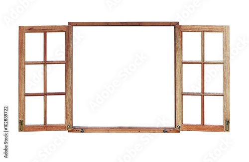 Open wooden window isolated on white background with clipping path.