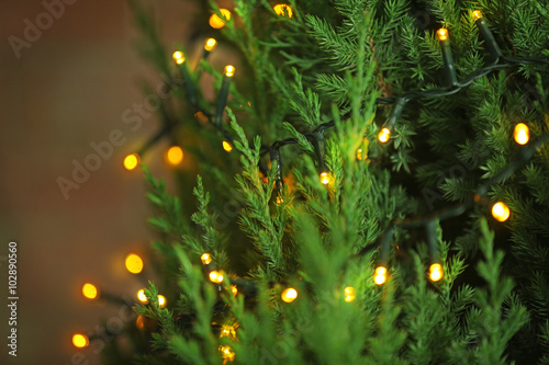 Illuminated Christmas tree on wall background