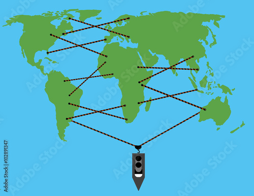 Ship laces connects continents / continents tied shoelaces and pulls their ship