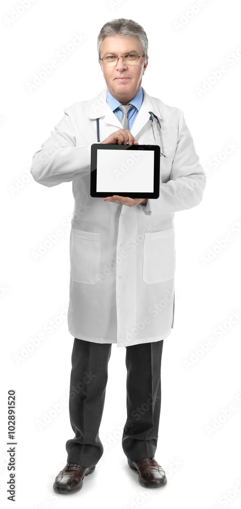 A handsome doctor with stethoscope and tablet, isolated on white A handsome doctor with stethoscope and tablet, isolated on white