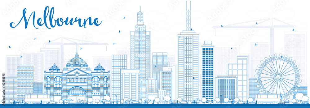 Naklejka premium Melbourne Skyline z niebieskimi budynkami.