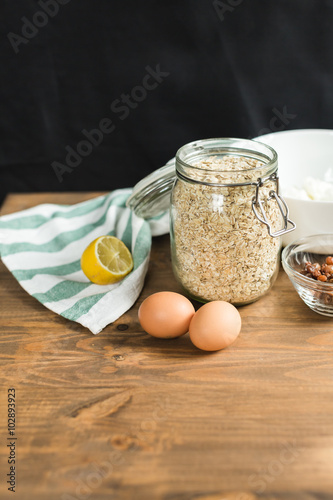 Ingredients for cheese casseroles, oatmeal, cottage cheese, eggs