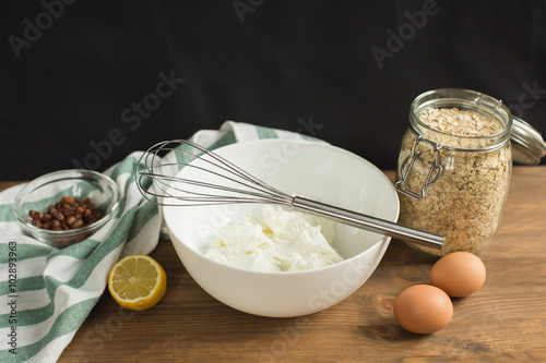 Ingredients for cheese casseroles, oatmeal, cottage cheese, eggs