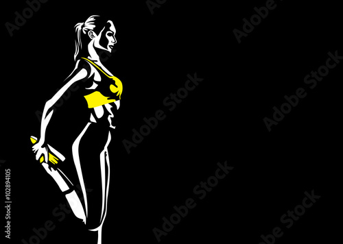 Healthy woman prepare for exercise by muscles stretching at ankle and leg. Illustration in vintage style.