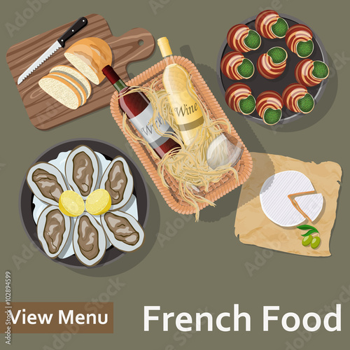 French food. Basket with wine and food. Flat Lay Style Illustration. Vector illustration EPS10.