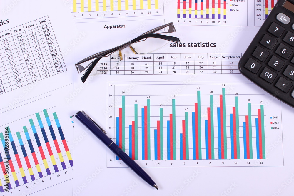 Pen, glasses and calculator on financial graph, business concept Pen, glasses and calculator on financial graph, business concept