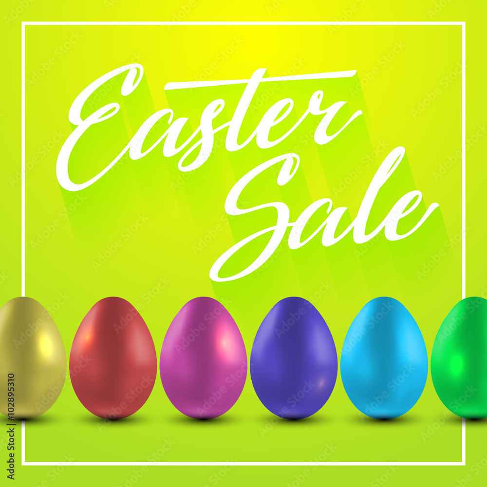Easter poster design with color eggs. Vector calligraphy illustration