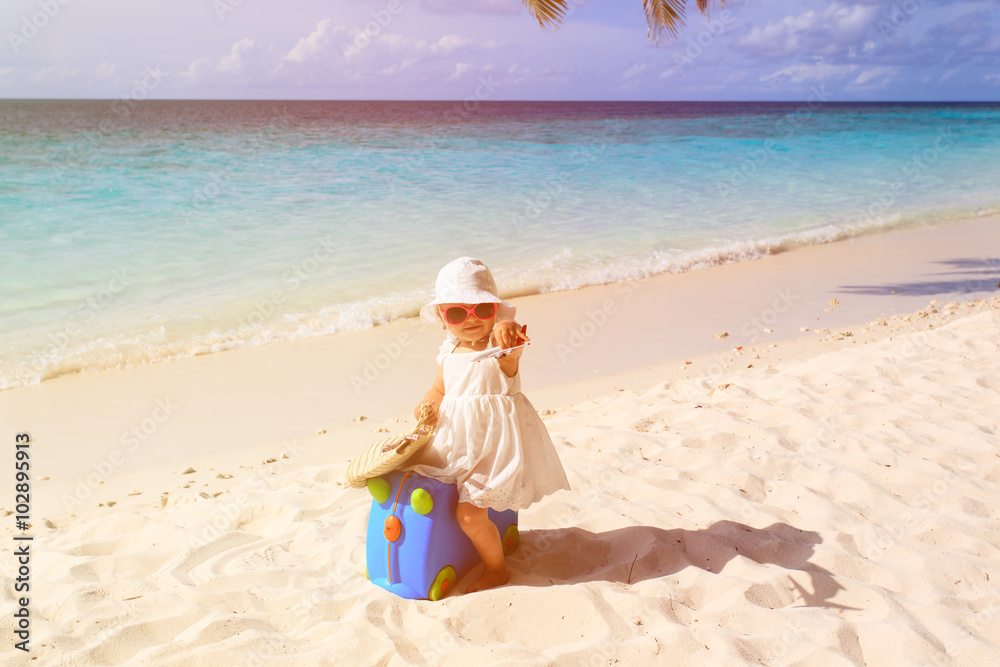 cute little girl travel on summer beach cute little girl travel on summer beach