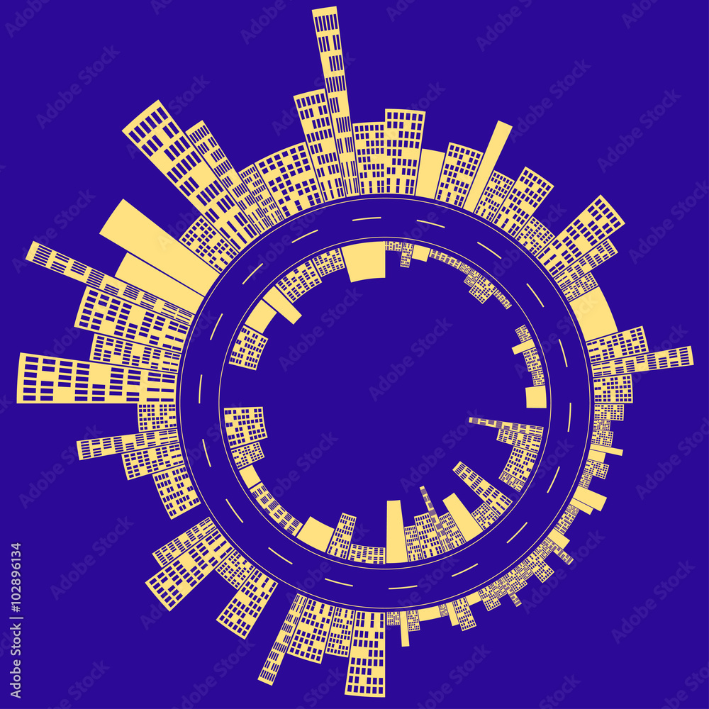 City Planet blue night, a stylized illustration of an urban planet, with an inside and an outside separated by a never ending circular road, by a blue and yellow night