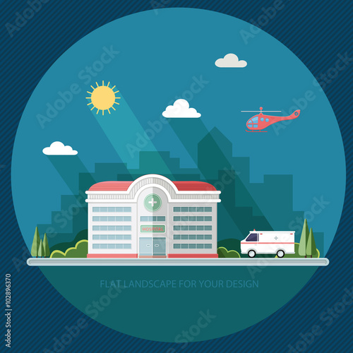 City landscape. Hospital on the background of the city. Clinic b