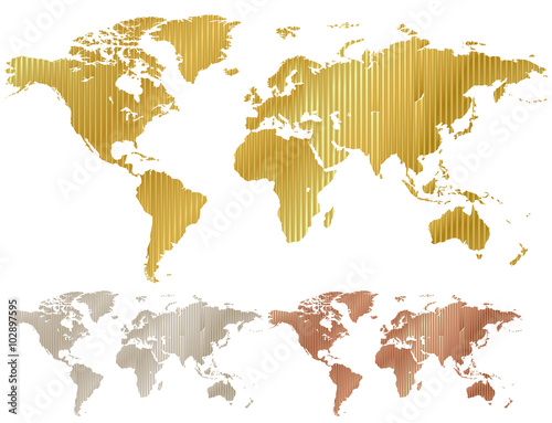 vector map of the world made of corrugated metal copper gold silver