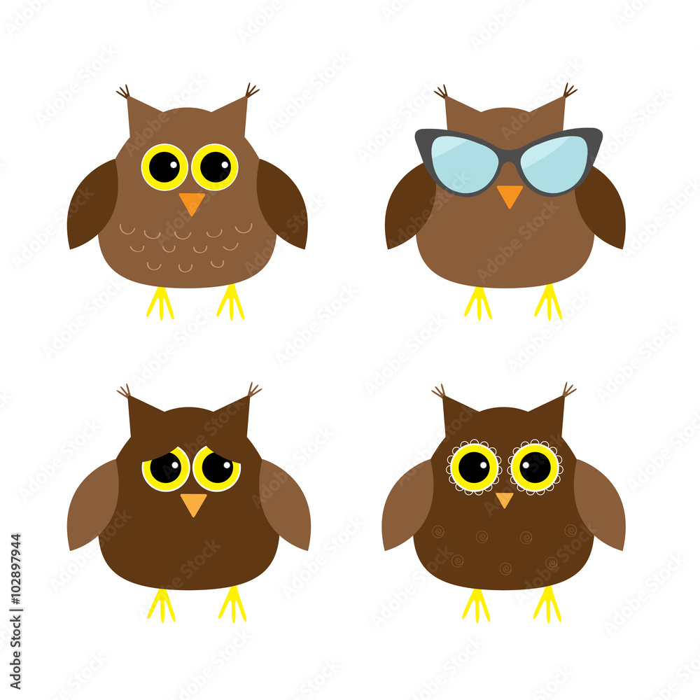 Cute owl set. Big eyes, sunglasses. Icons on white. Baby background. Isolated. Flat design. Cute owl set. Big eyes, sunglasses. Icons on white. Baby background. Isolated. Flat design.