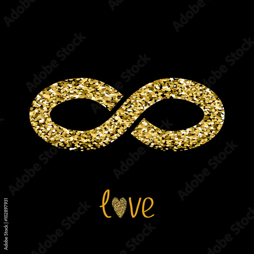 Limitless red sign with heart symbol. Infinity icon. Love card. Flat design. Gold sparkles glitter texture Black background.