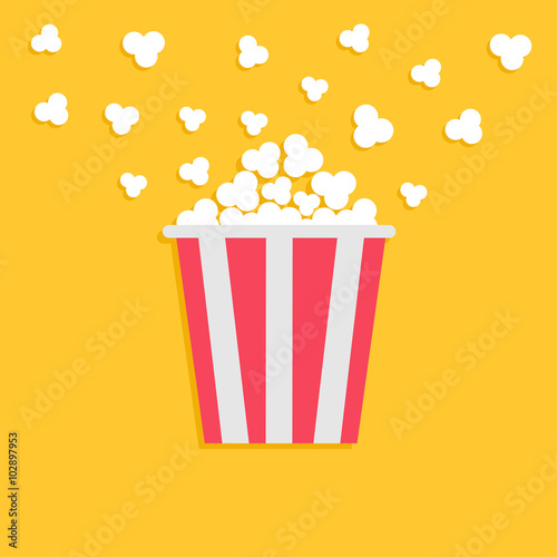 Popcorn popping. Red yellow strip box. Cinema movie night icon in flat design style.